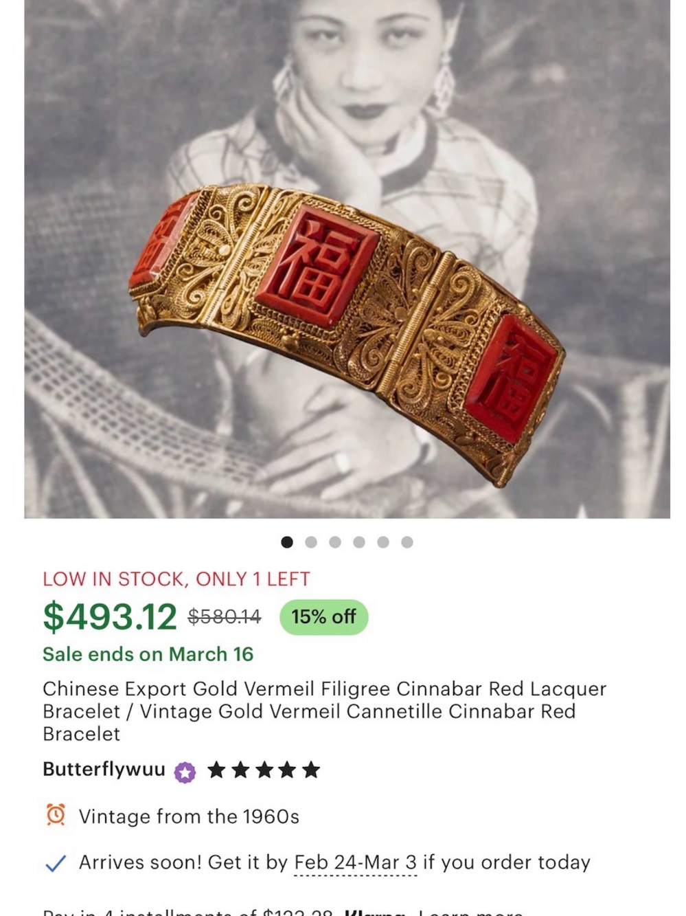 Vintage Chinese Filigree Bracelet Red Cinnabar Panels